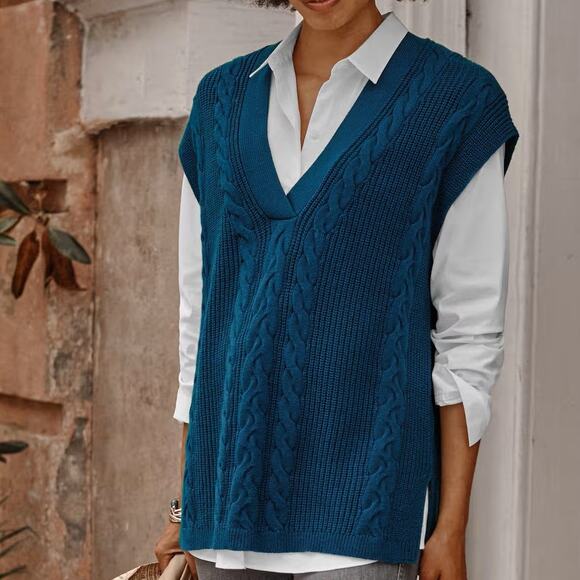 J.Jill $79 Large Peacock Blue V-Neck Cable Knit Classic Tunic Sweater Vest - Picture 1 of 11